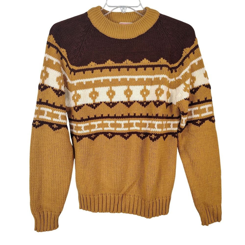Snowdrift VTG Fair Isle Knit Sweater XL‎ Mustard Brown Geometric Nordic Raglan